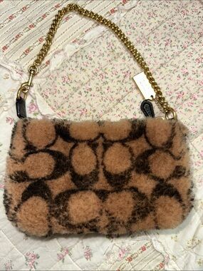 Coach Tan and Black Faux Shearling Shoulder Bag with Gold Chain